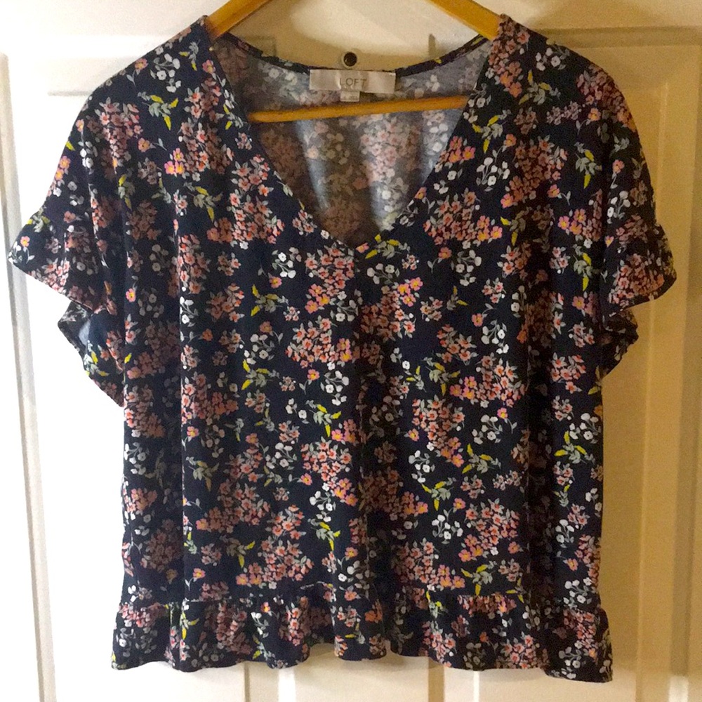 Ann Taylor Loft Floral Ruffle T-Shirt Loose Top Small